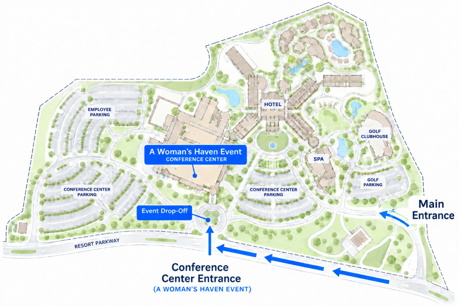 Resort site map. Follow Resort Parkway west to the Conference Center Entrance, marked as the A Woman's Haven event entrance, where there is an event drop-off. Conference Center Parking sits on both sides of it. The main hotel entrance is further east.